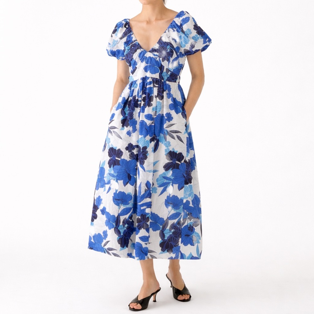 J Crew 6 Cecily dress painted floral 0428 organic cotton blue white midi puff